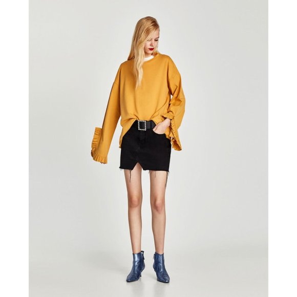 Zara Tops - ZARA Women's Size Medium Mustard Yellow Extra Long Bell Sleeve Jersey Shirt Top